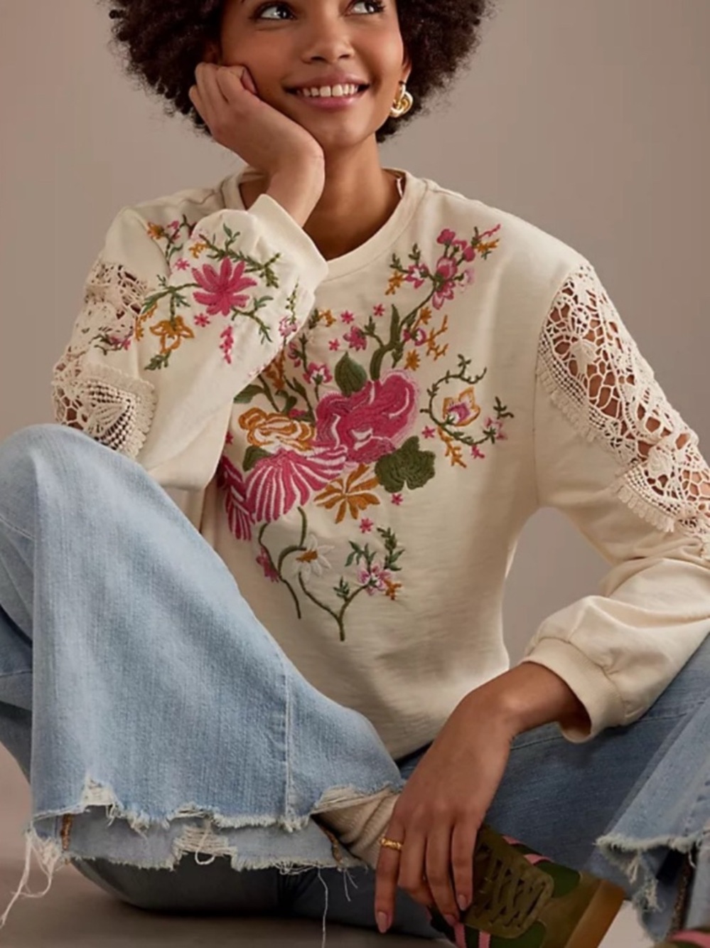 Anthropologie Cream Pullover Sweatshirt Pink/ Green Floral Embroidery Small - Picture 1 of 8